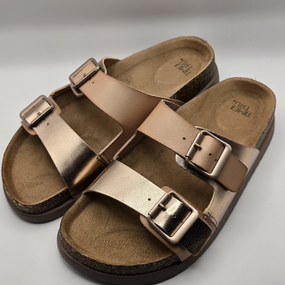 Women's Time And Tru Metallic Rose Gold Double Strap Sandals